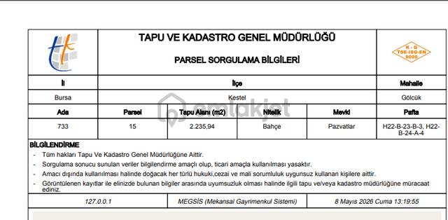 Bursa Kestel Gölcük'te Tek Tapu 2.236-2.305 M2 Satılık Tarlalar 4
