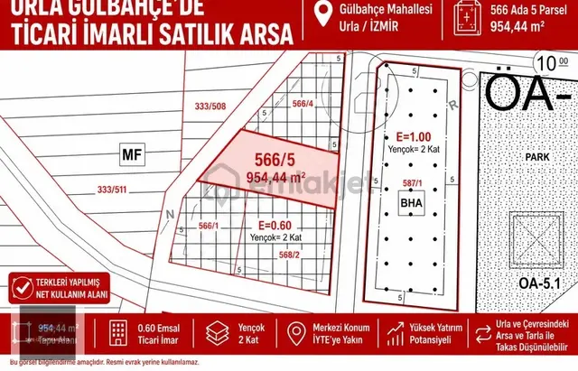 Urla Gülbahçe'de 0.60 Emsalli Ticari İmarlı 954 M² Fırsat Arsa 2