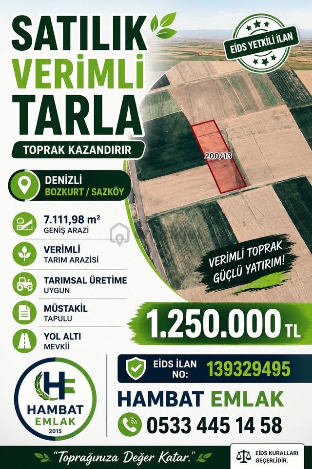 Denizli Bozkurt Sazköy'de 7.112 M² Verimli Tarla | Eids: 139329495 1