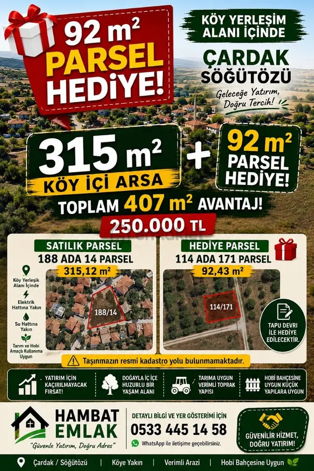 315 M² Köy İçi Arsa + 92 M² Parsel Hediye | Çardak/söğütözü 1