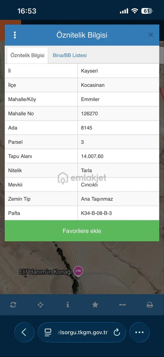 Satılık Tarla – Kayseri Kocasinan Emmiler Mahallesi 1