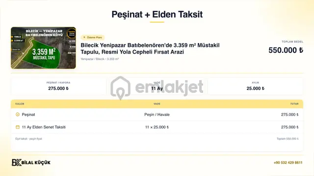 Elden Taksitli Batıbelenören'de 3.359 M² Resmi Yola Cepheli 2