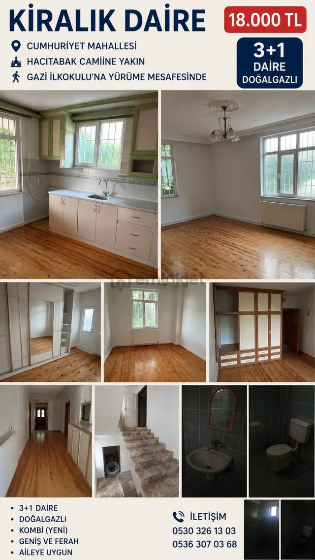 Cumhuriyet Mahallesinde 3+1 Doğalgaz Lı Kiralık Daire 1