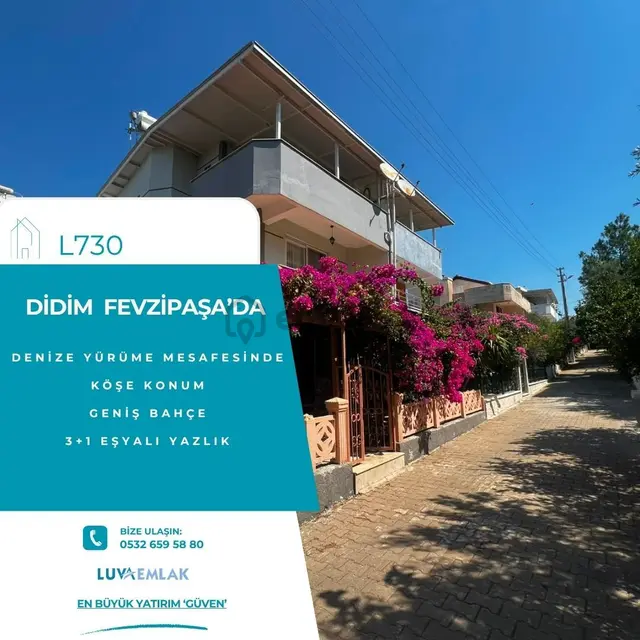 Didim Fevzipaşa'da Denize Yakın Satılık Eşyalı 3+1 Bahçeli Köşe Konum Yazlık 1