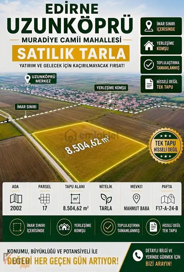 Uzunköprüde İmar Dibinde Tek Tapu 8.505 M² Satılık Tarla 1