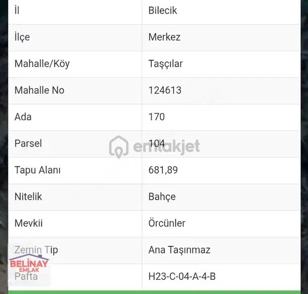 Belinay Emlaktan Merkez Taşçılar Köyünde Satilık Bahçe