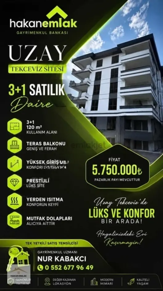 Hakan Emlak'tan Uzay Tekceviz Sitesinde 3+1 Satılık Daire! 1
