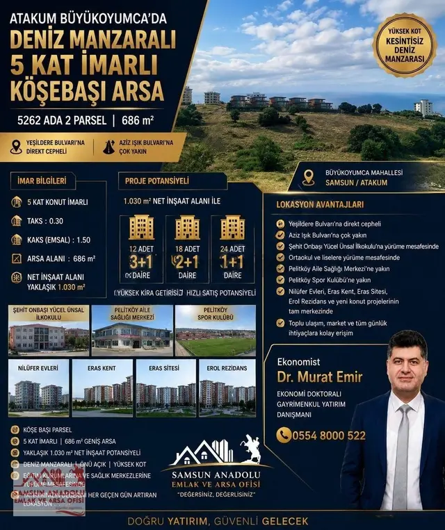 Samsun Atakum Deniz Manzaralı 5 Kat İmarlı Köşebaşı Arsa 1