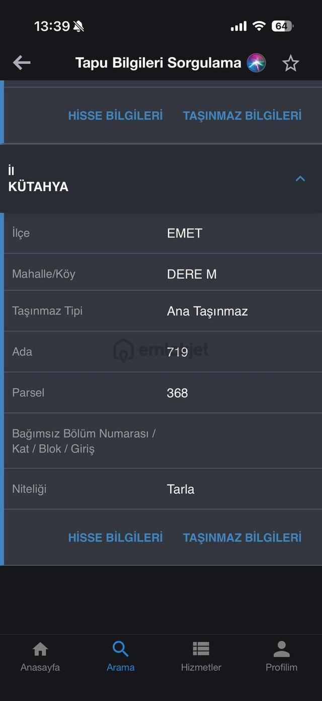 Kütahya Emet Dere Mahallesinde Satılık Arsa