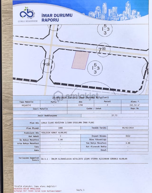 Çorlu Havuzlar Mahallesinde %40 3kat İkiz Nizamlı Satılık Arsa