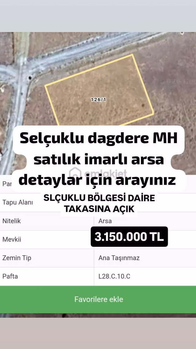Selçuklu Dağdere Mahallesi 1105 M² Takaslı Arsa Satlık 1