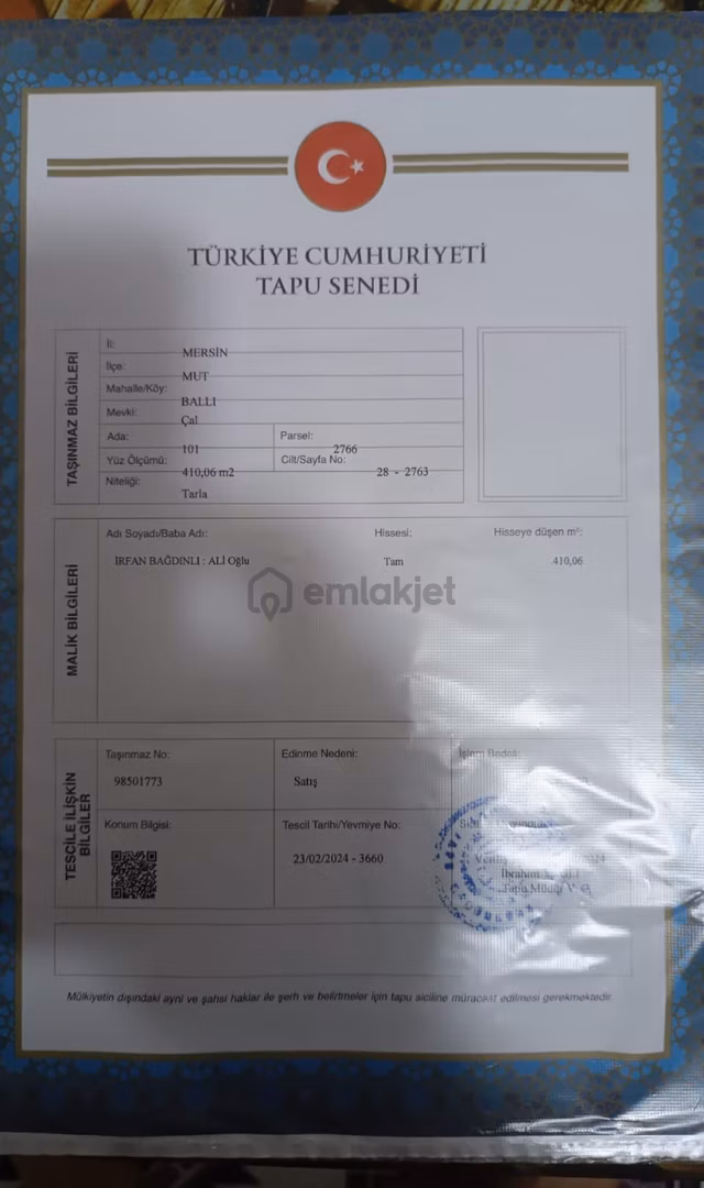 Aydın'dan Mut Ballı Köyün' De 410 M² Acil Satılık Tarla