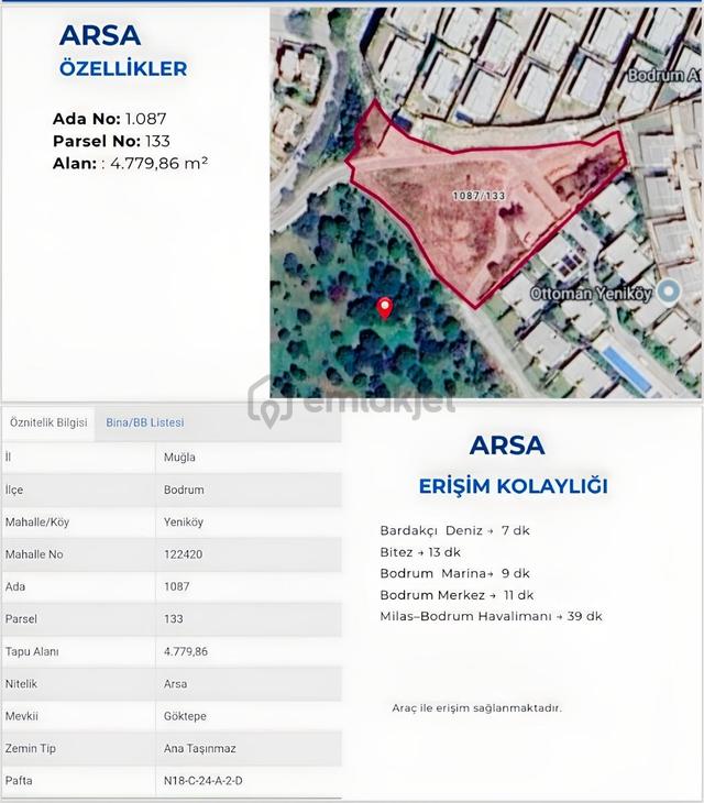 Bodrum Yeniköyde Merkezi Konumda 4.779 M² Yatırımlık Arsa 1