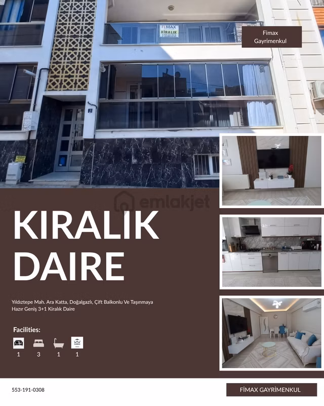 Yıldıztepe Mah. Ara Katta, Doğalgazlı, Çift Balkonlu Ve Taşınmaya Hazır Geniş 3+1 Kiralık Daire 1