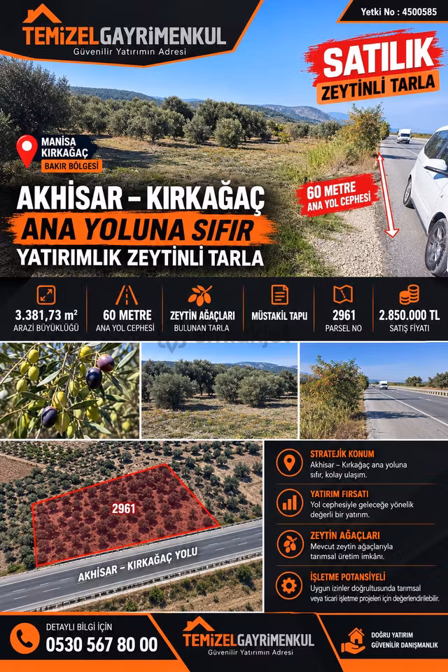 Akhisar–kırkağaç Ana Yoluna Sıfır, 60 Metre Yol Cepheli, Zeytinli Yatırım Fırsatı! 1