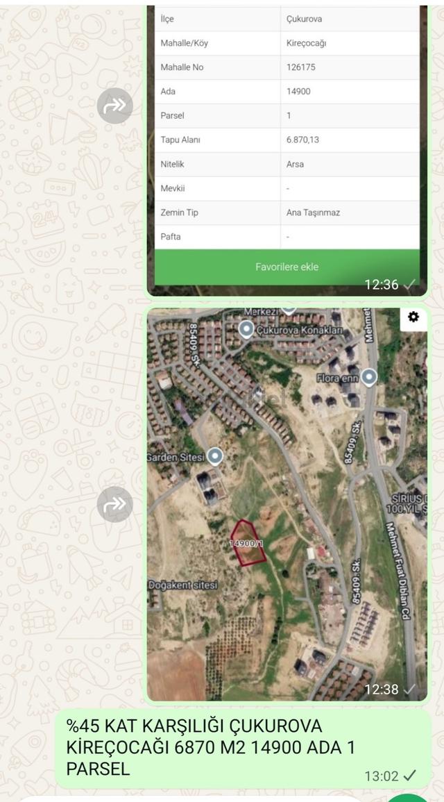 %45 Kat Karşılığı Adana Çukurova Kireçocağı 6870 M2 14900 Ada 1 Parsel 1