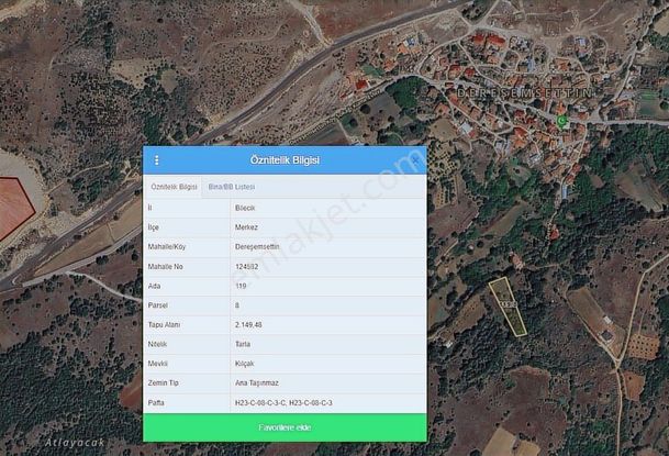 Bilecik Dereşemsettin Köyü İçi Ve 3. Osb Ye Yakın 2150 M2 Tarla