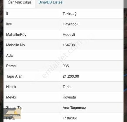 Tekirdağ Hayrabolu Hedeylide 504 M2 Yatırımlık Tarla