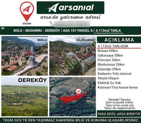 Bolu Mudurnu Dereköy Satılık Tarla 4113m2