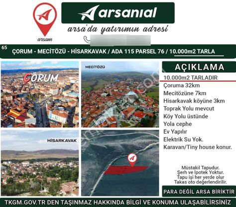 Çorum Mecitözü Hisarkavak Satılık 10000m2 Tarla