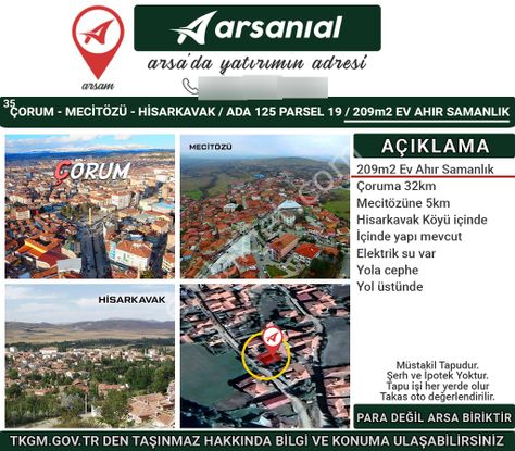 Çorum-mecitözü-hisarkavak Satılık 209m2 İmarlı Arsa