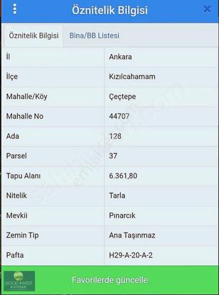 Ankara Kızılcahamamda Satılık 6360 M2 Tek Tapu Yatırımlık Tarla