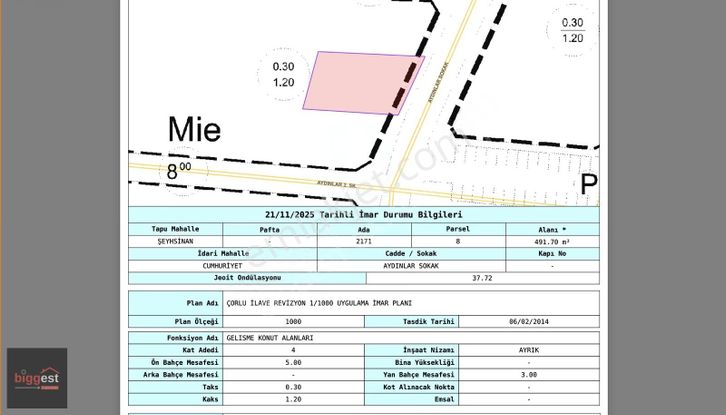 Şeyhsinan Mahallesinde 4 Kat İmarlı 492 M2 Arsa