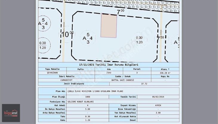 Şeyhsinan Mahallesinde 4 Kat İmarlı 336 M2 Arsa
