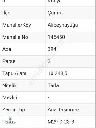 Çumra Ali Beyhüyüğün'de 10.248 Mt2 Mustakil Tarla