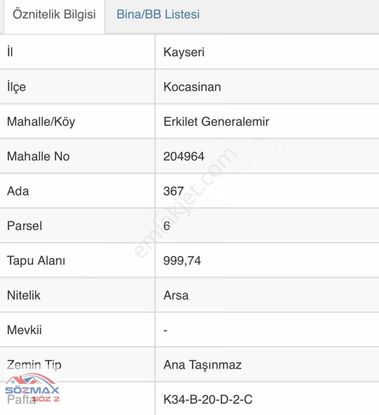 Erkilet Generalemir Mah Satılık Tek Tapu 1.000 M2 Villa Parseli