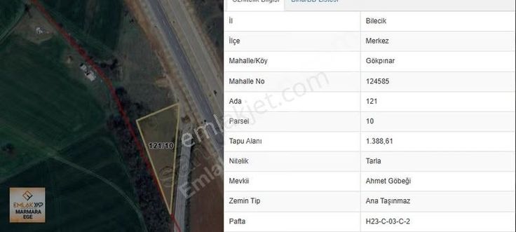 Emlakyap Tan Bilecik Merkez Gökpınar Köyü 1.388 M² Satılık Arazi