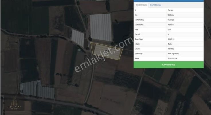 Joymax Gayrimenkul'den Burdur Gölhisar Yusufçada Satılık Tarla