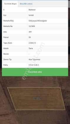 Mir'den Balıkesir/gökçeyazı/köseağalar'da 2064 M2. Satılık Tarla