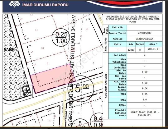 Mir'den Balıkesir/gaziosmanpaşa 568.00m2.4 Kata İmarlı Arsa
