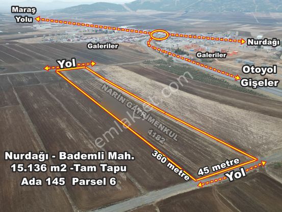 Nurdağı Bademli'de 15.136m² Yolu Var, Gişeler Üstü,tokiler Altı