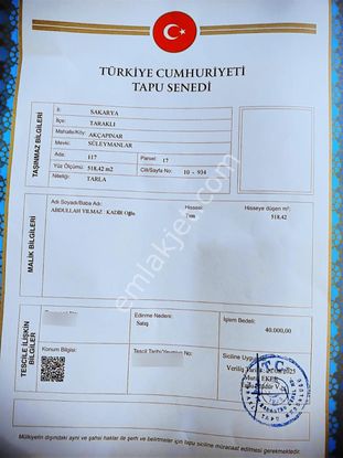 Sakarya Taraklı Akçapınarda Yatırmılık