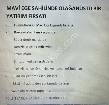 Sahibinden Denize Sıfır Süper Yatırımlık Arazi