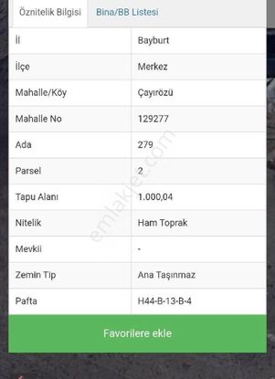 Bayburt Merkez Çayırözü'nde 1004 M2 Satılık